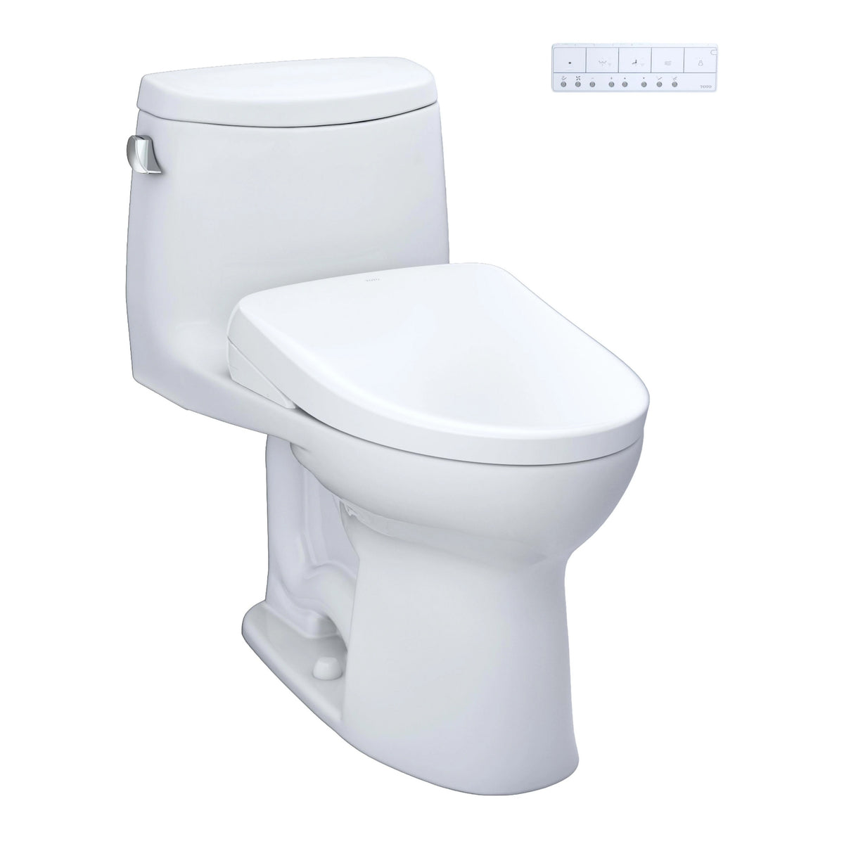 One-piece elongated toilet with white bidet seat