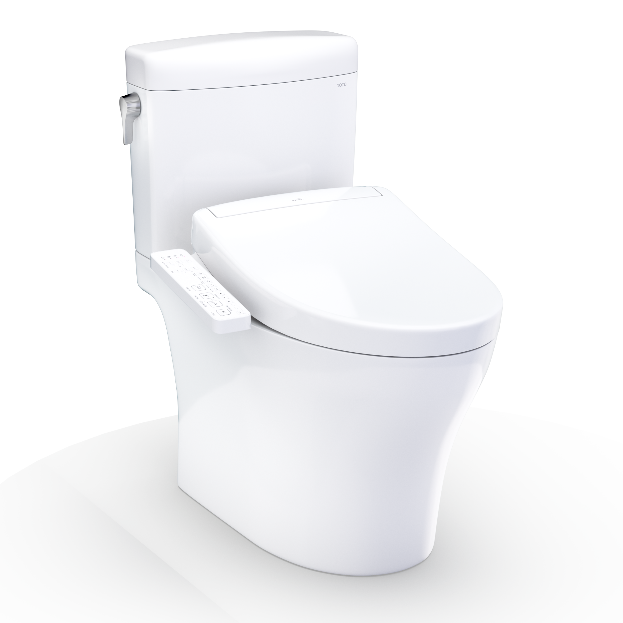 Two-piece elongated toilet with white bidet seat and integrated control panel