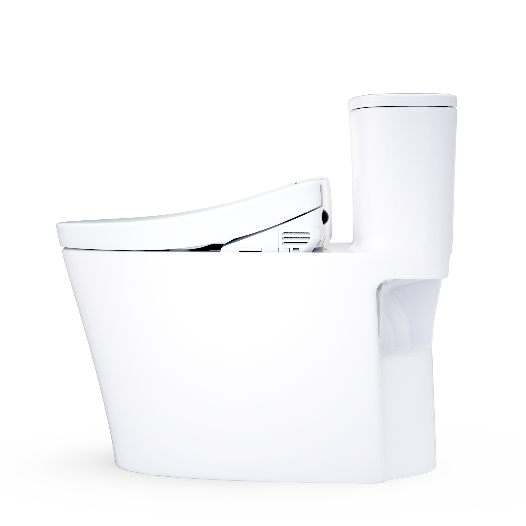 One-piece elongated smart toilet in Cotton White with open lid and side control display