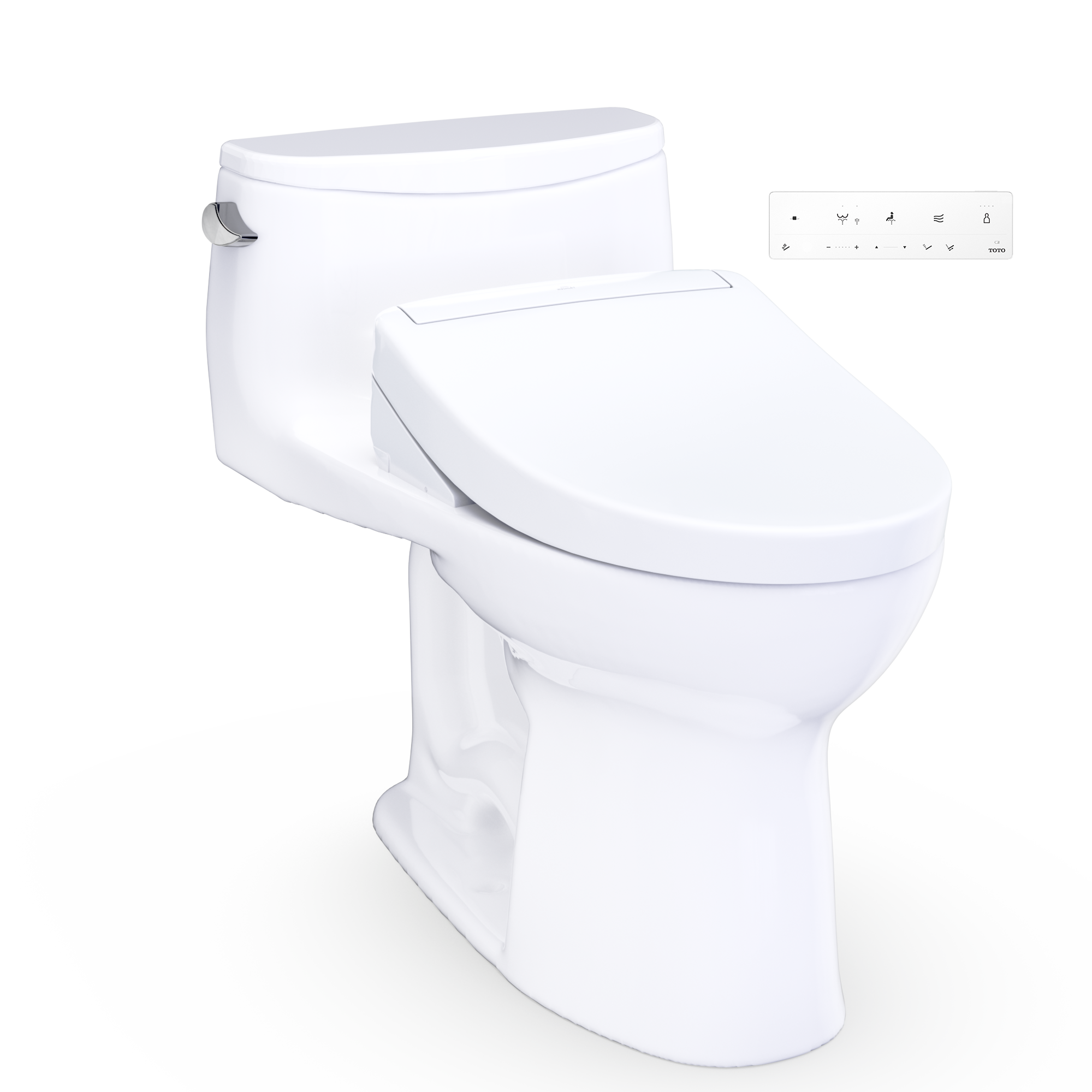 Cotton white one-piece elongated toilet with bidet seat and remote control panel