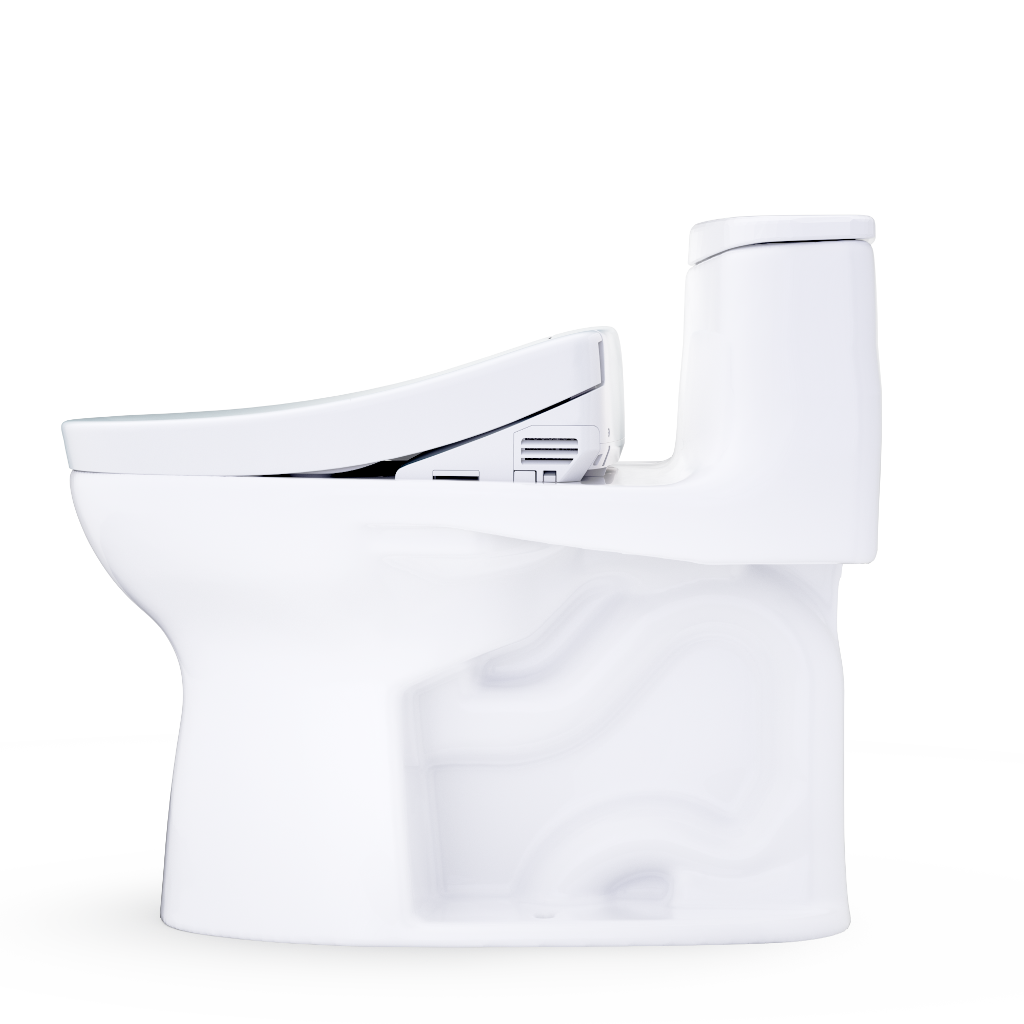 TOTO Washlet+ elongated toilet with white bidet seat and flush-side remote control