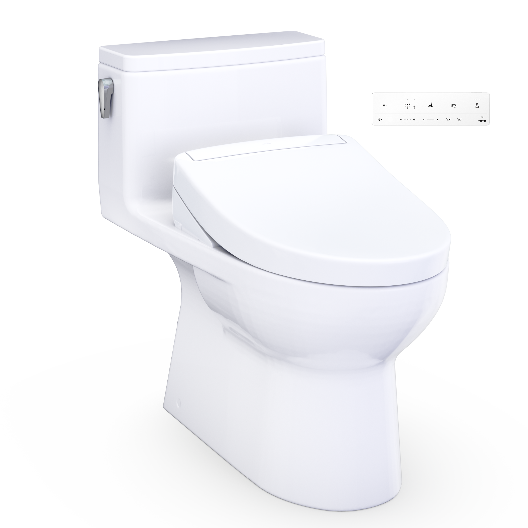 Elongated one-piece smart toilet, cotton white with integrated bidet seat and closed lid.