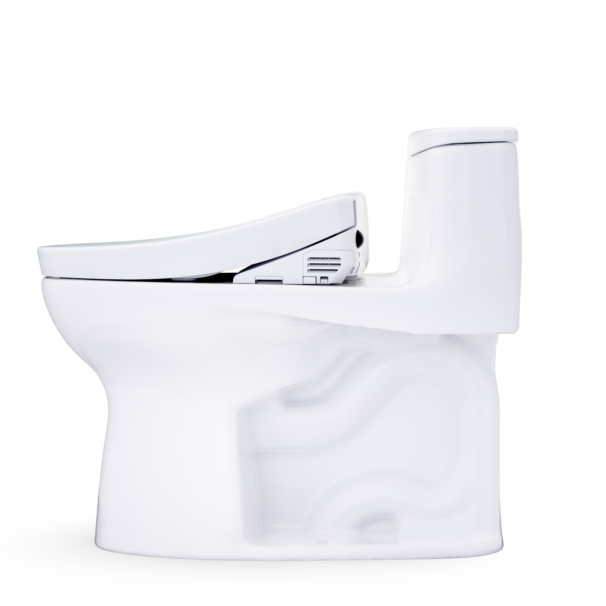Cotton white one-piece elongated toilet with bidet seat, side view and control panel