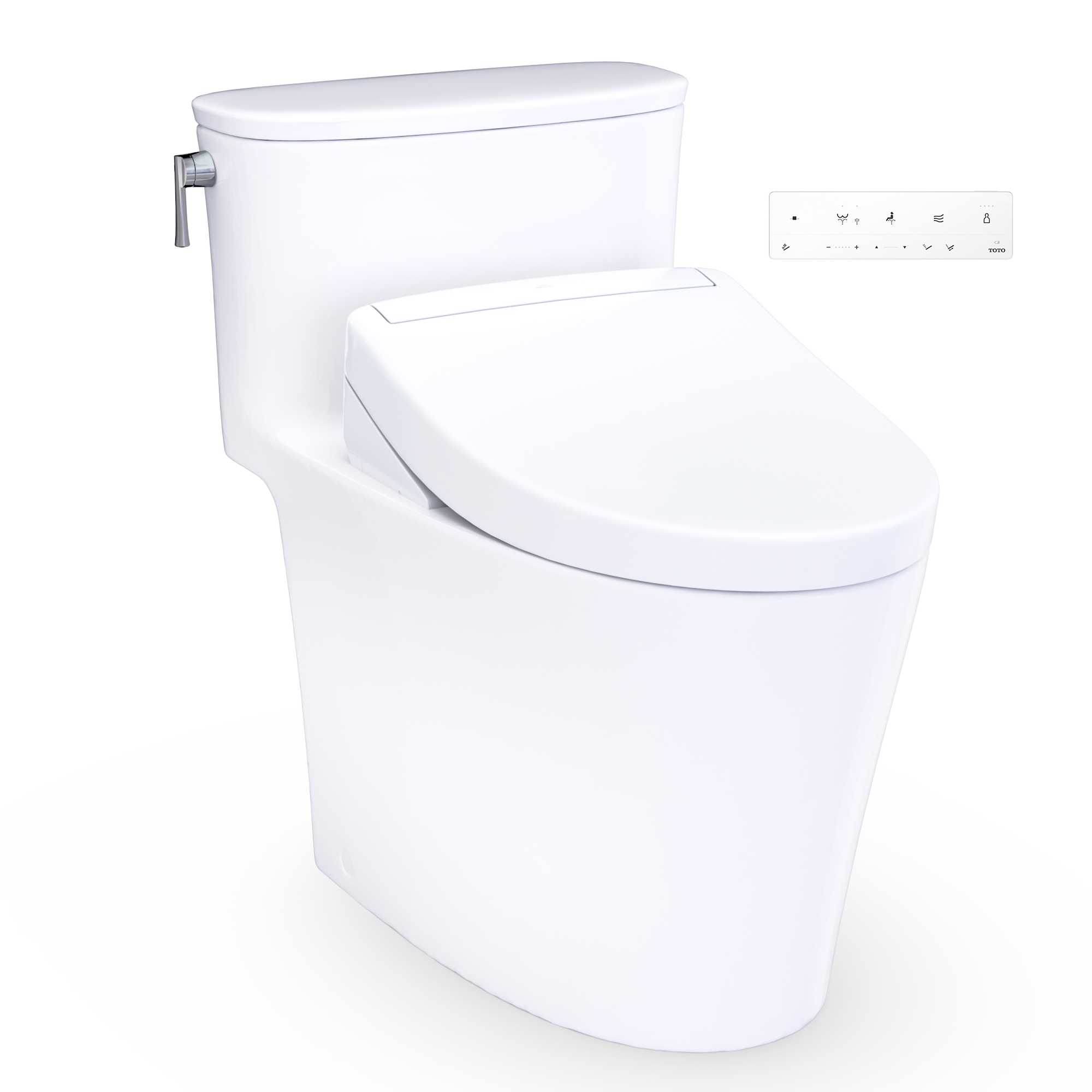 One-piece elongated smart toilet in Cotton White with closed lid and front control panel