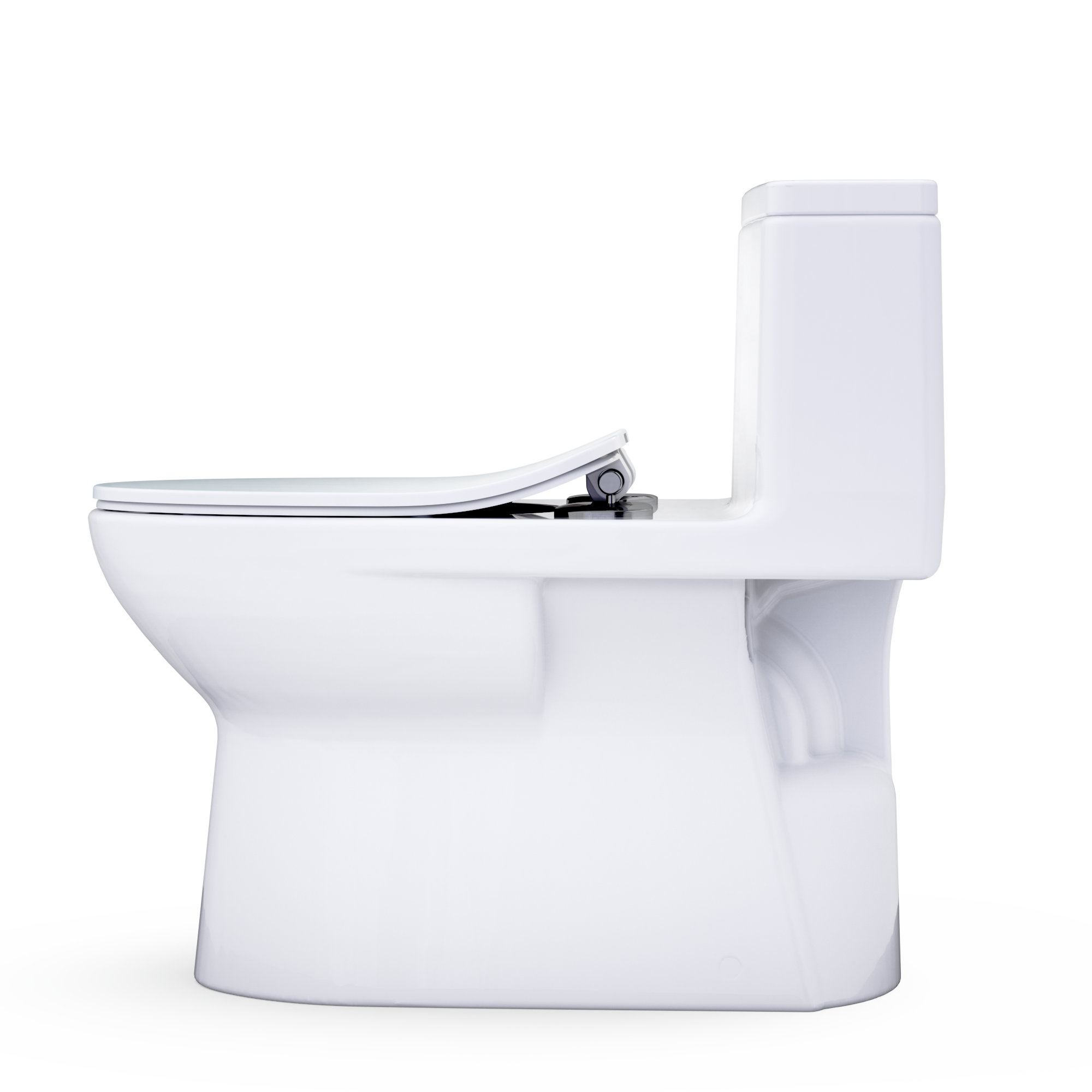 Cotton white elongated one-piece toilet with closed seat, left side view
