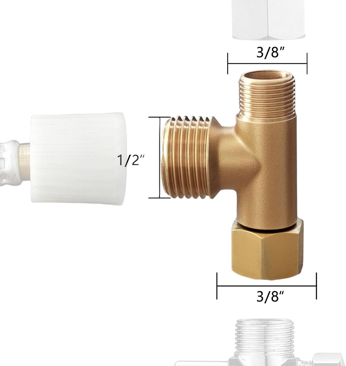 Brass bidet T-valve with 1/2 in inlet and 3/8 in threaded ports