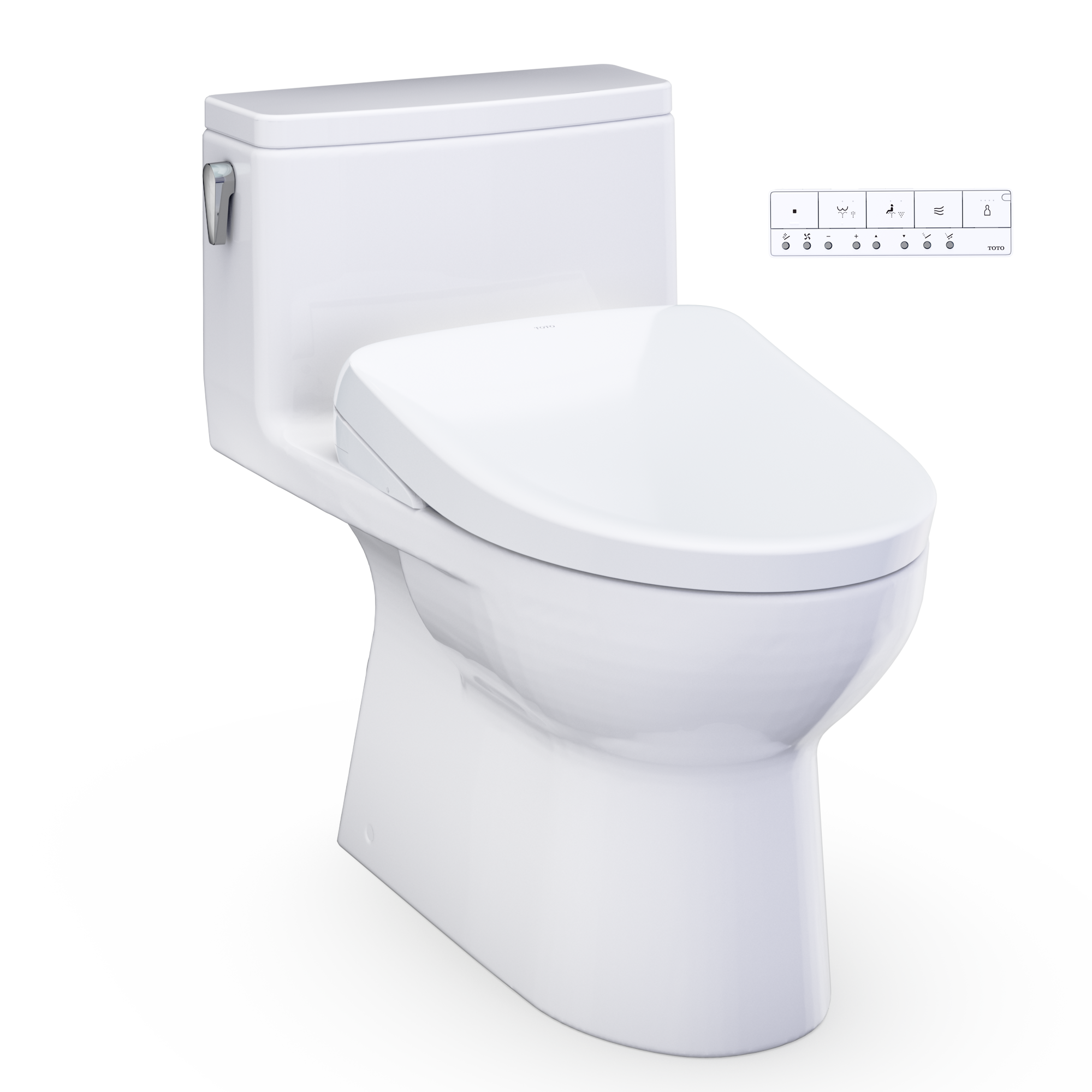 One-piece elongated toilet with integrated bidet seat and top control panel, white