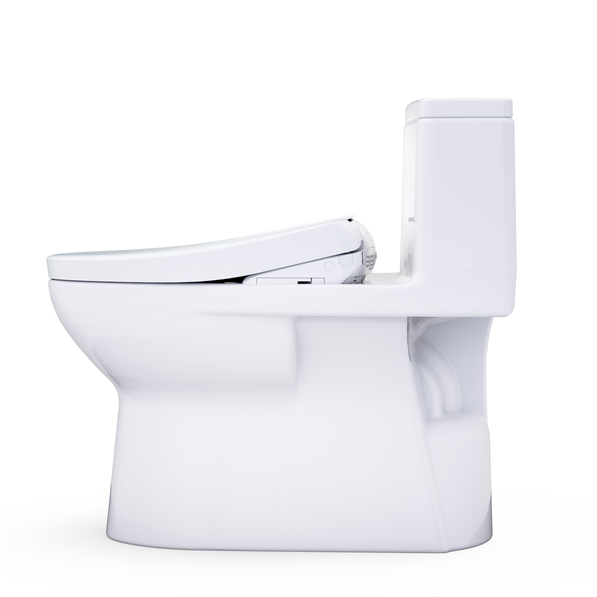 White one-piece elongated toilet with open side profile