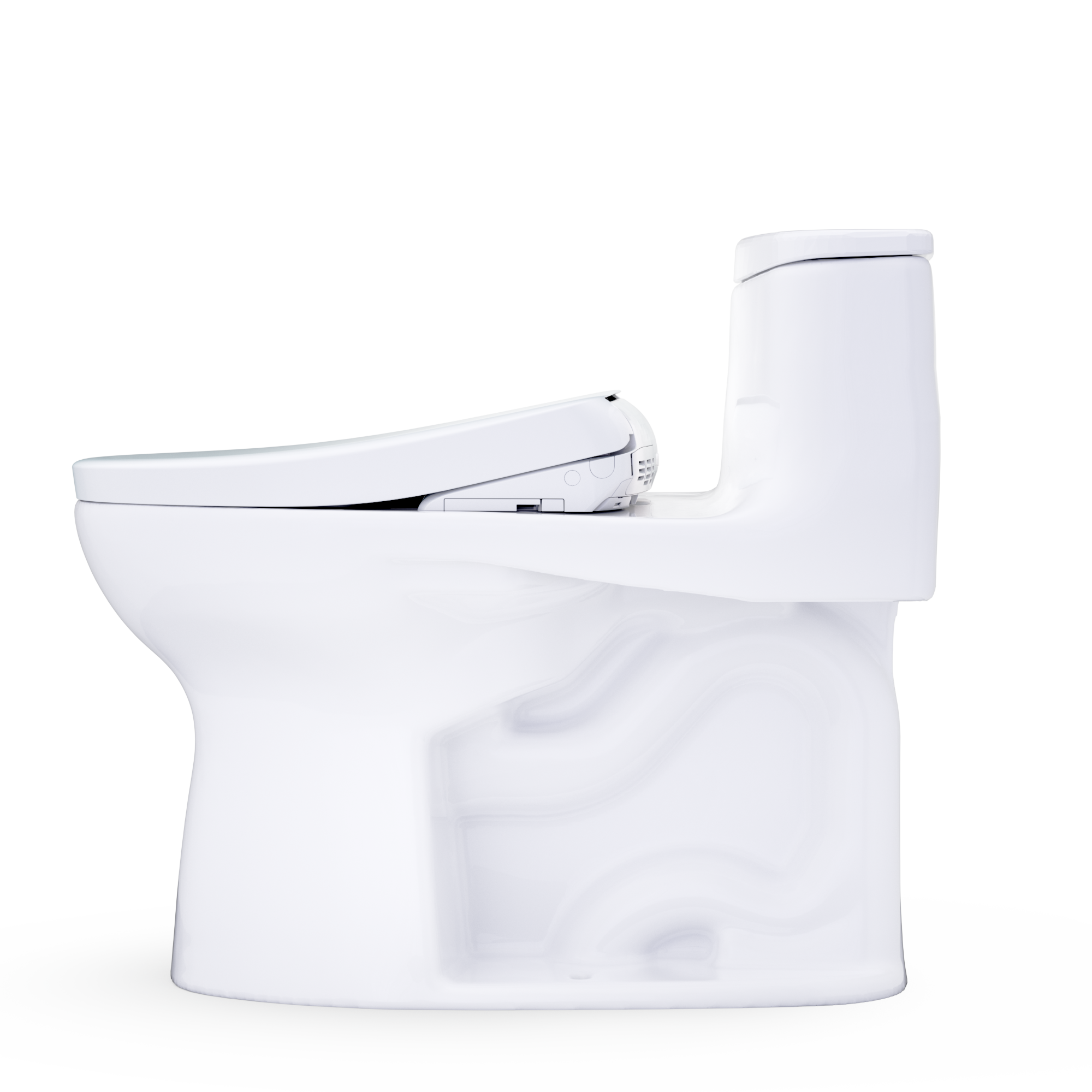 Elongated one-piece toilet in white with closed seat, side view