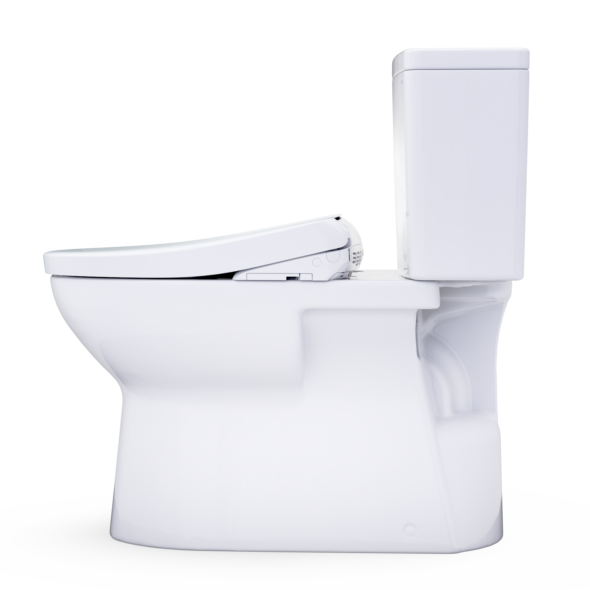 Two-piece toilet with elongated bowl, white, right-side view