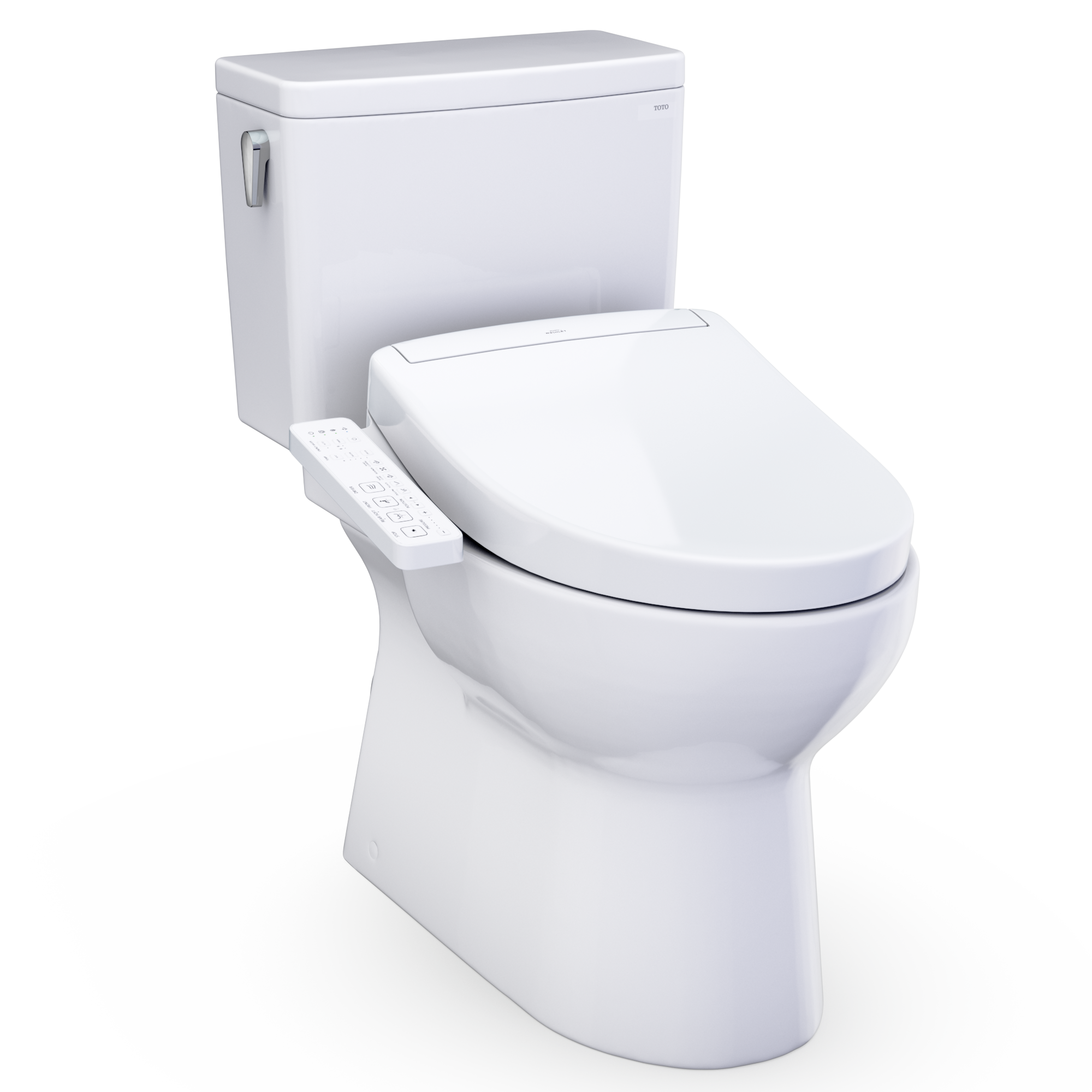 Two-piece elongated toilet with white bidet seat and side control, tank included
