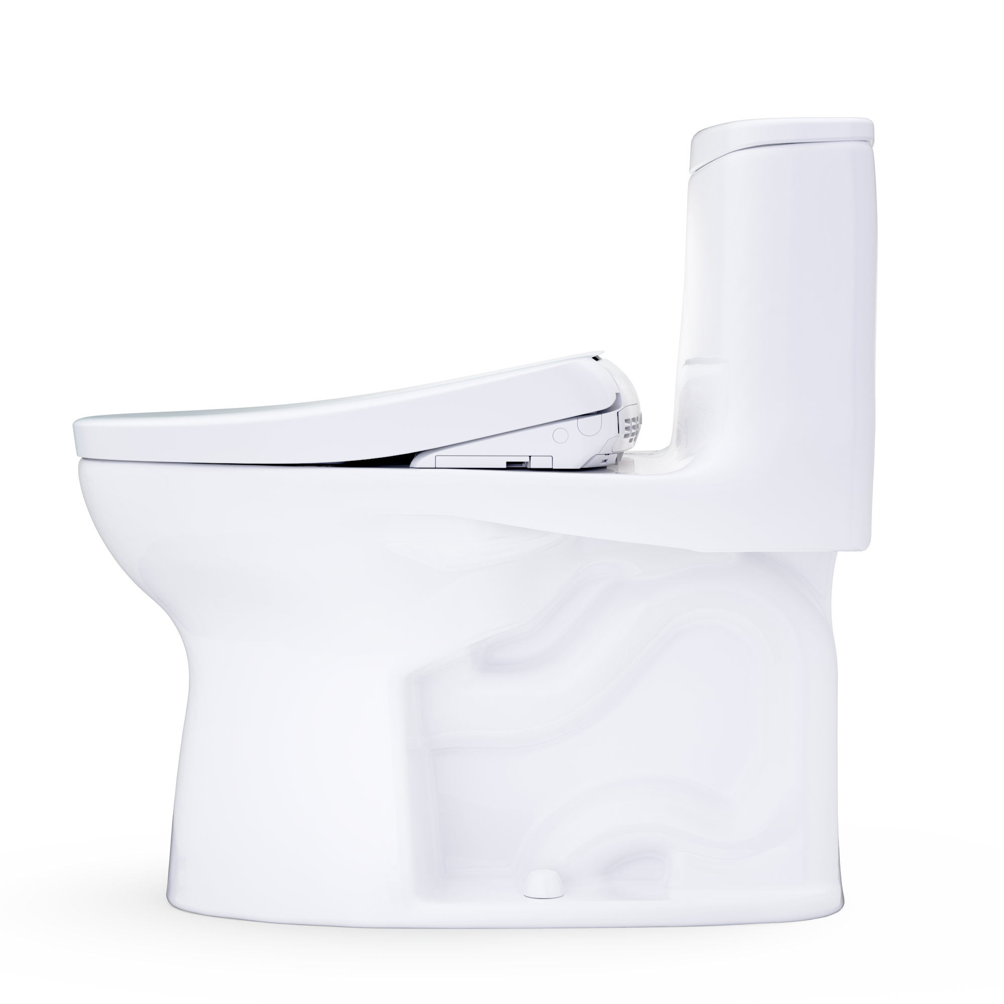 One-piece elongated toilet with bidet seat, cotton white, side view
