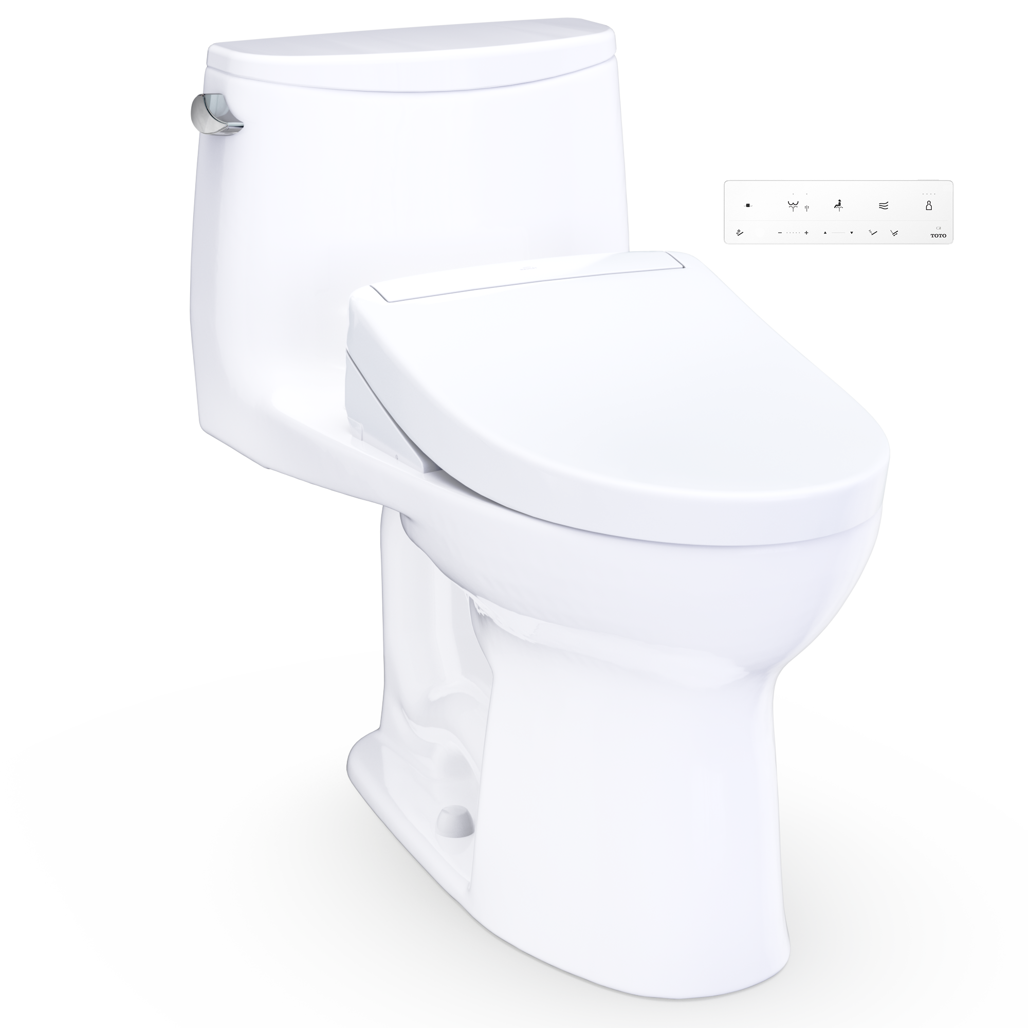 Cotton white one-piece elongated toilet with elongated seat and top control panel