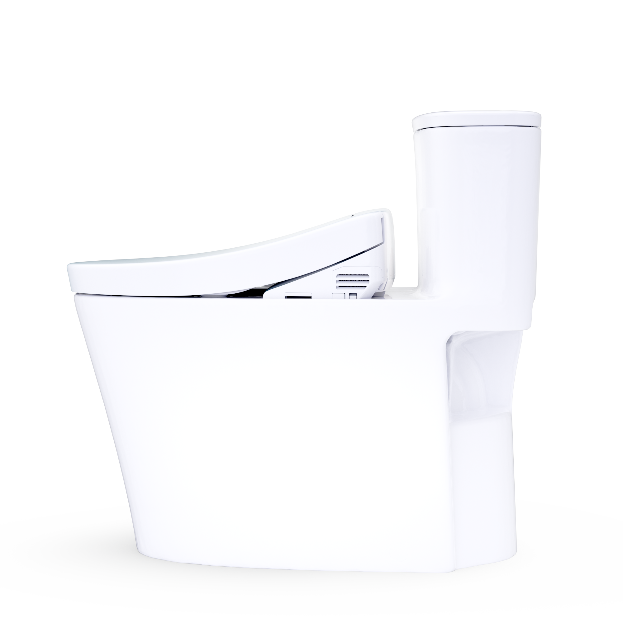 Elongated toilet with open white bidet seat, showing nozzle and control panel