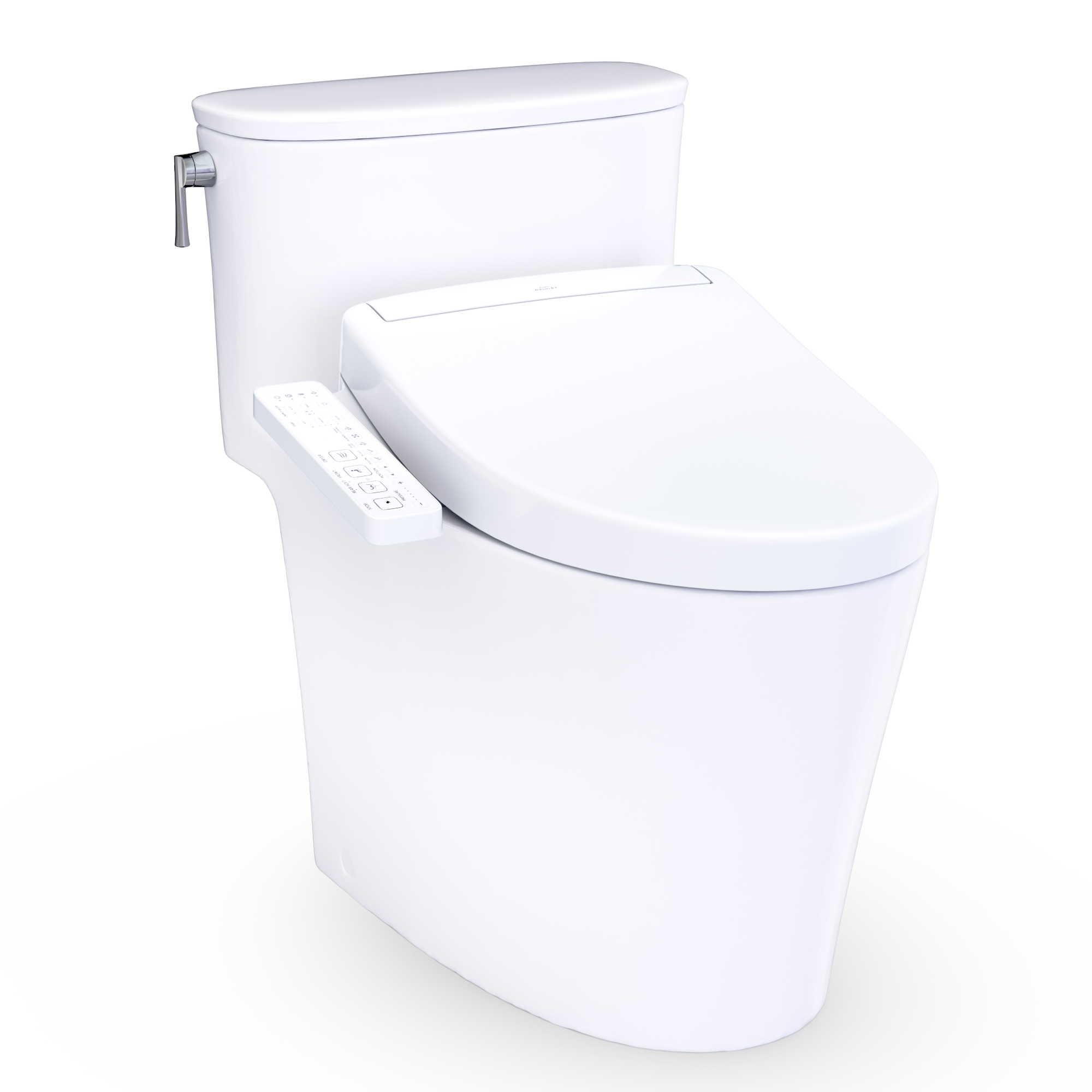 Elongated one-piece toilet with white bidet seat and side remote