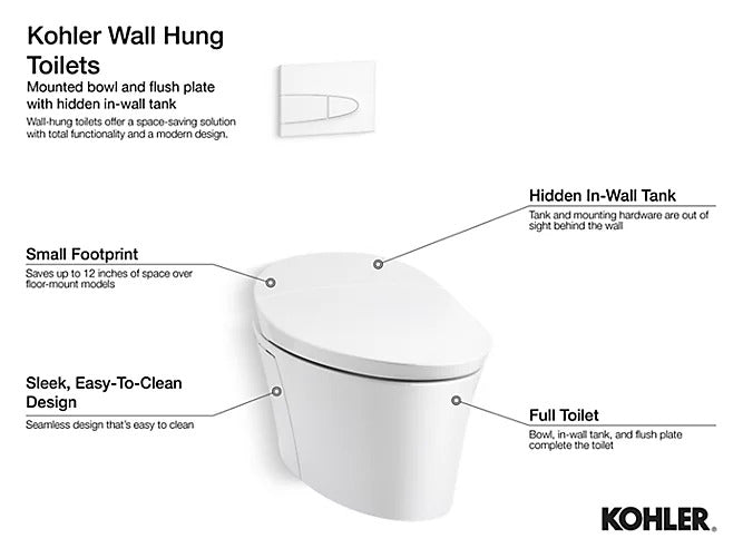 Kohler Veil K-5402-0 Intelligent Compact Elongated Dual-Flush Wall Hung Toilet