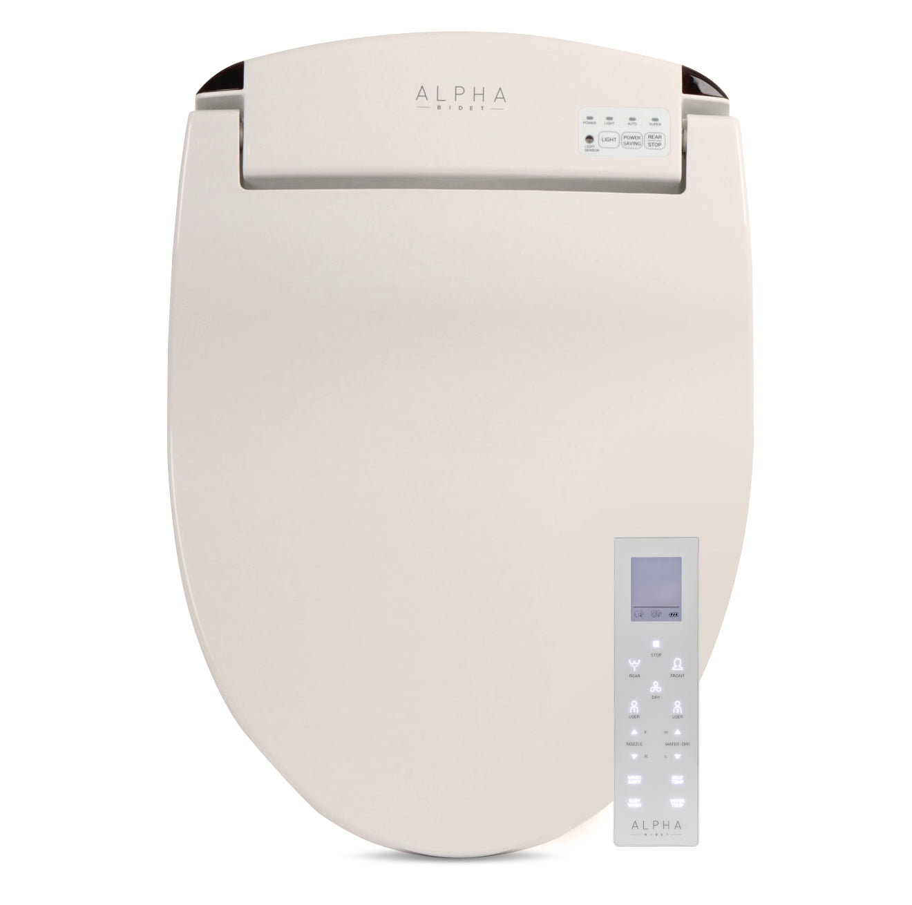 Beige bidet toilet seat front view with top controls and remote dock