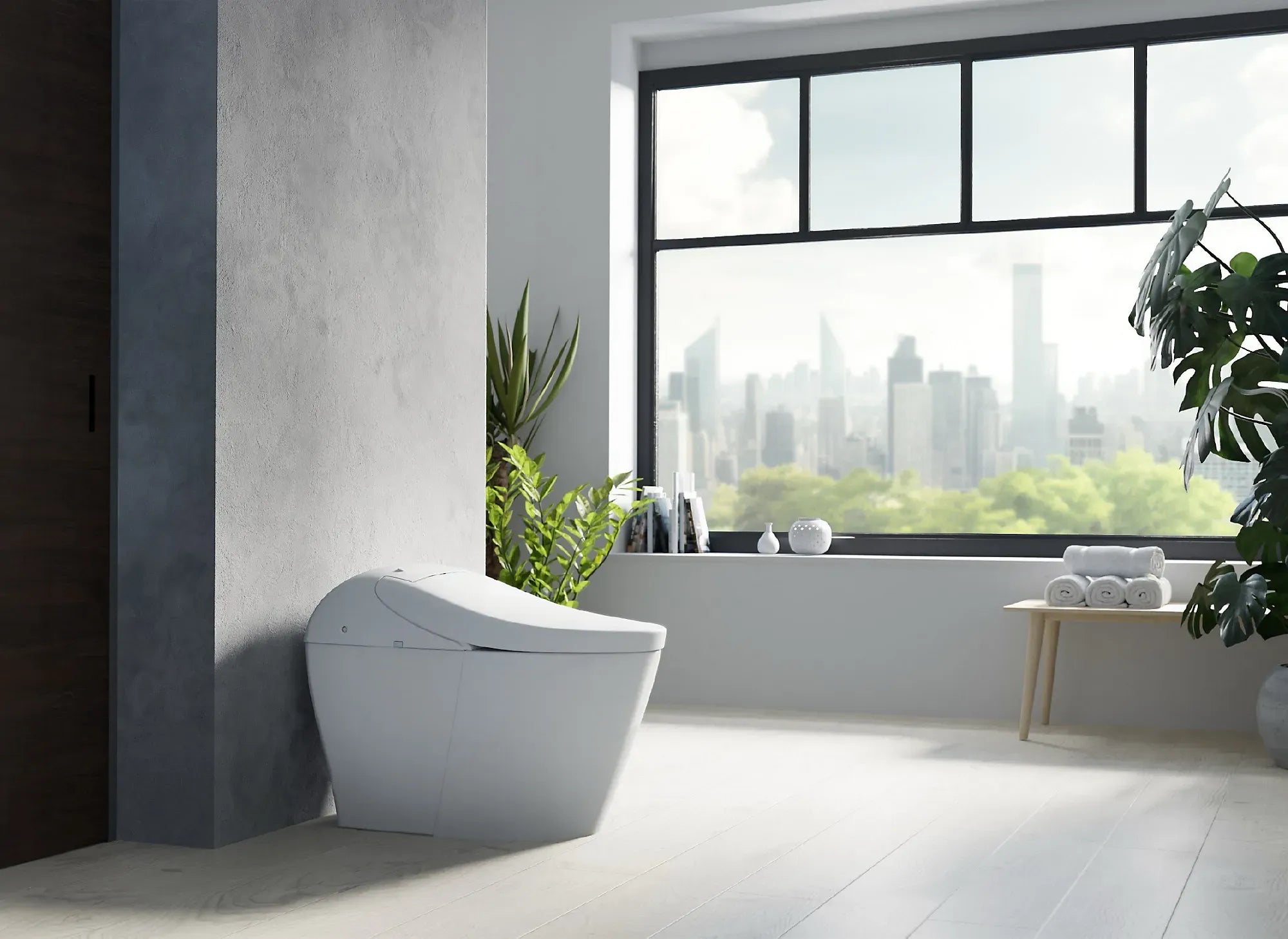 Cotton white smart toilet, side view with closed lid