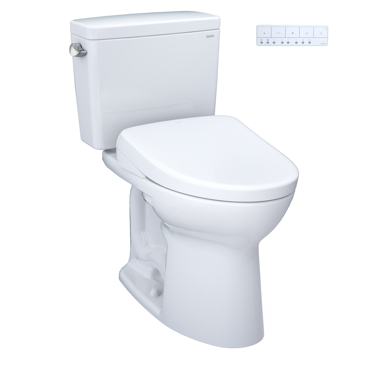 White elongated two-piece toilet with bidet seat and control panel