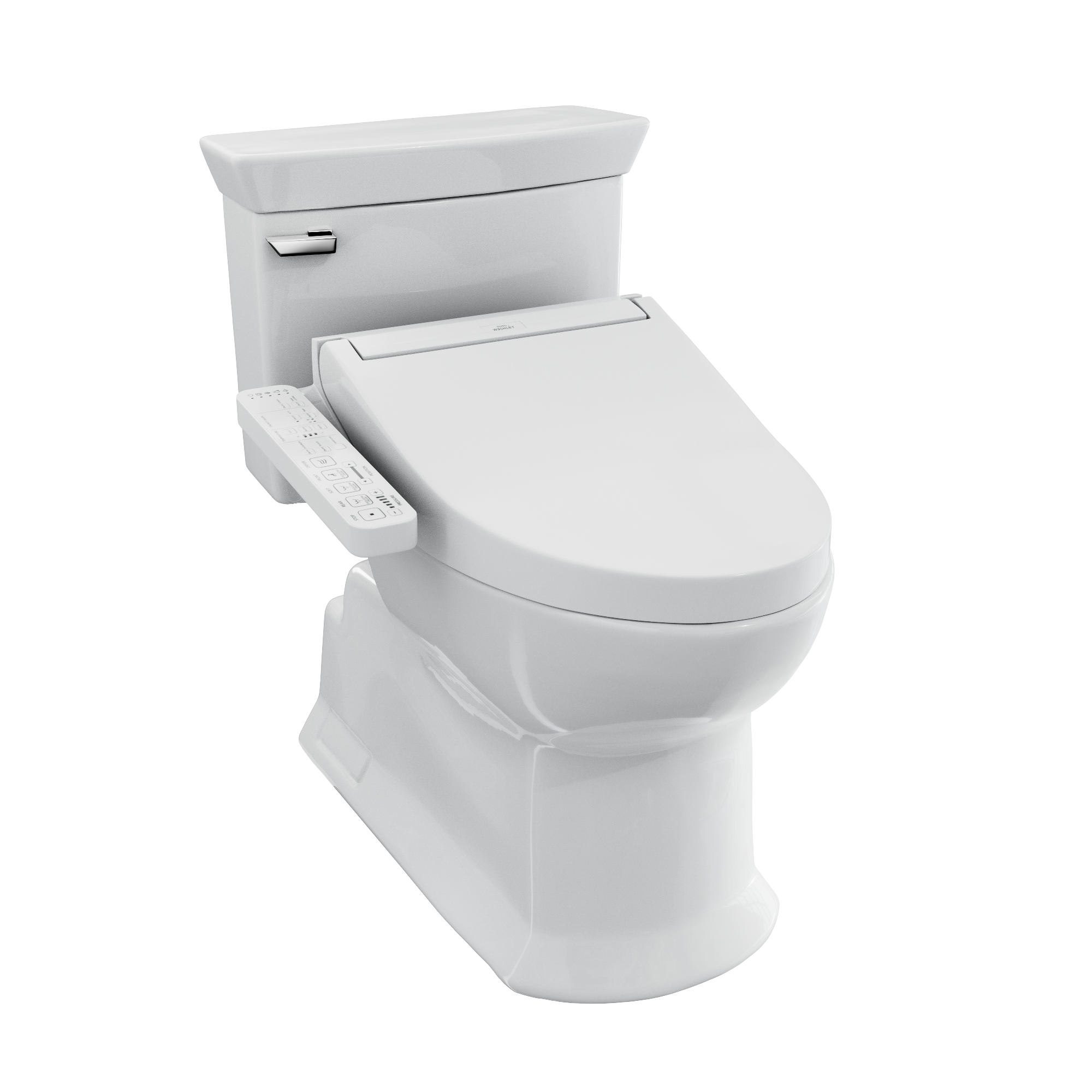 Cotton white elongated toilet with bidet seat and closed lid