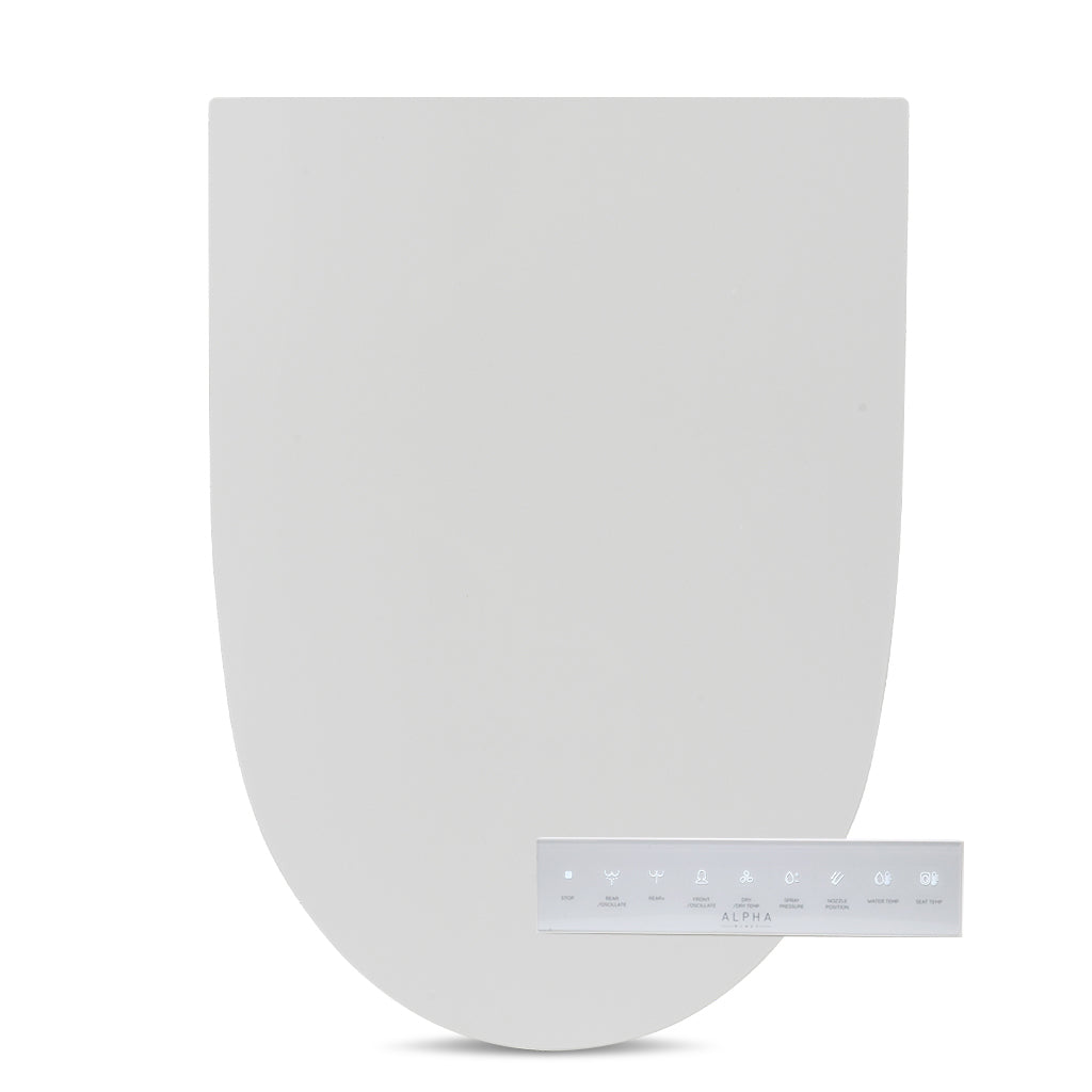 White bidet toilet seat with front control panel and raised lid shape
