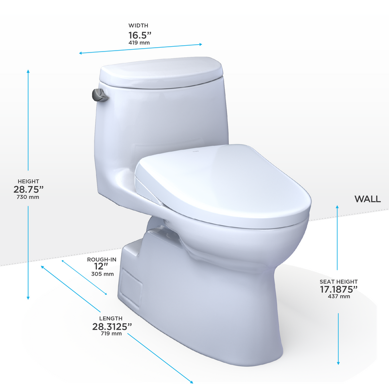 TOTO WASHLET+ Carlyle II One-Piece Elongated 1.28 GPF Toilet and WASHLET+ S7A Contemporary Bidet Seat, Cotton White - MW6144736CEFG#01, MW6144736CEFGA#01
