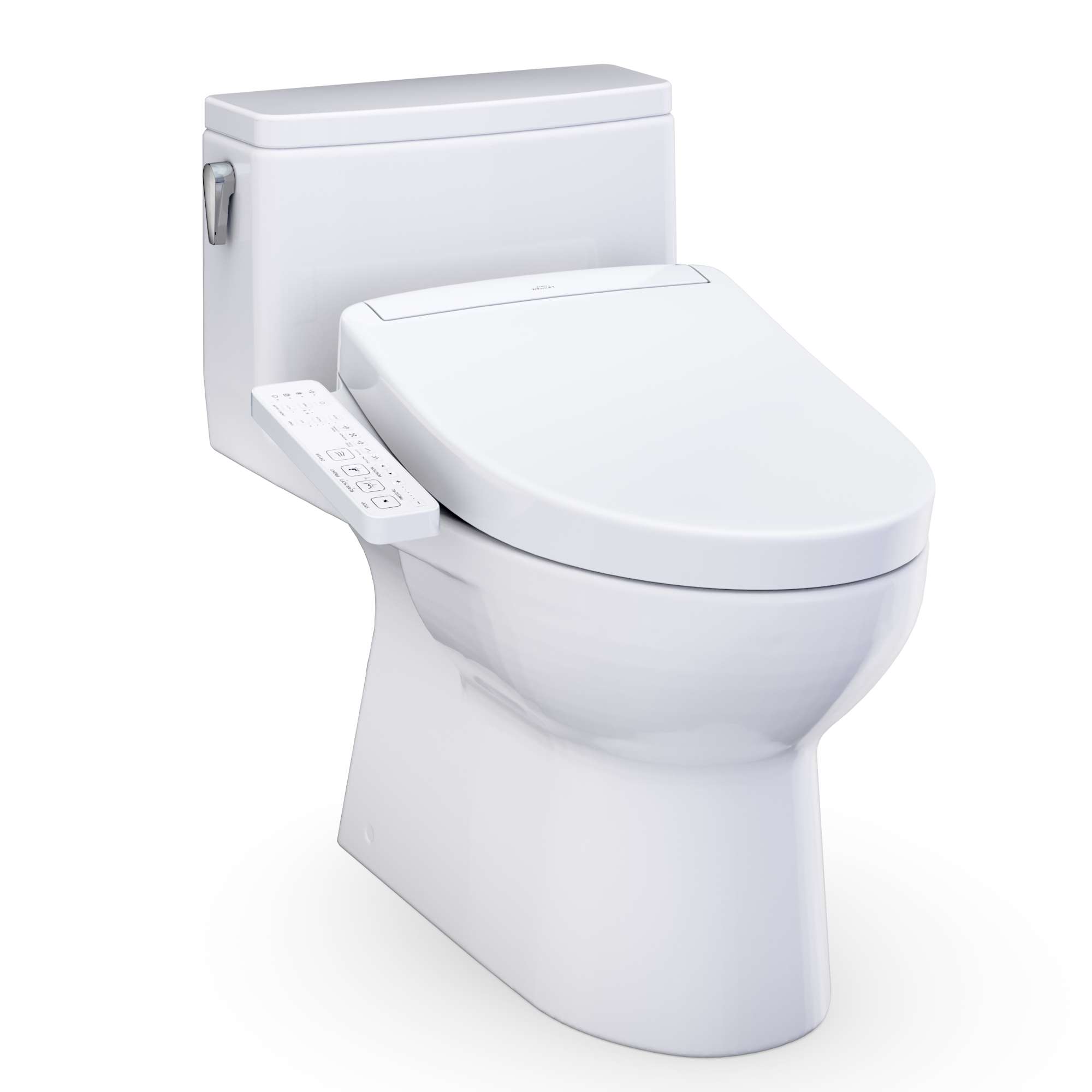 Elongated one-piece smart toilet with white bidet seat and control panel on the side