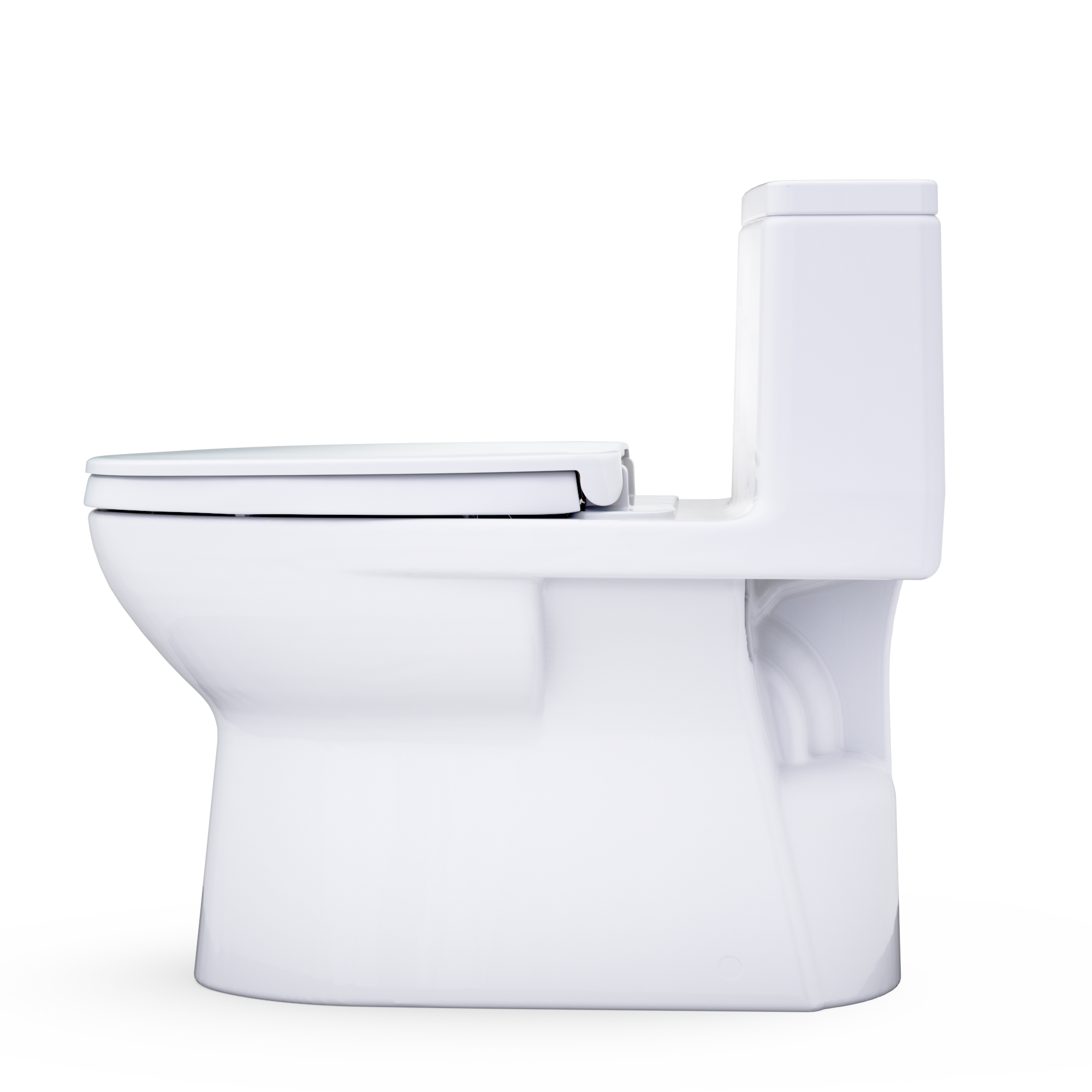 Elongated one-piece toilet with tank and closed lid, cotton white, side angle.