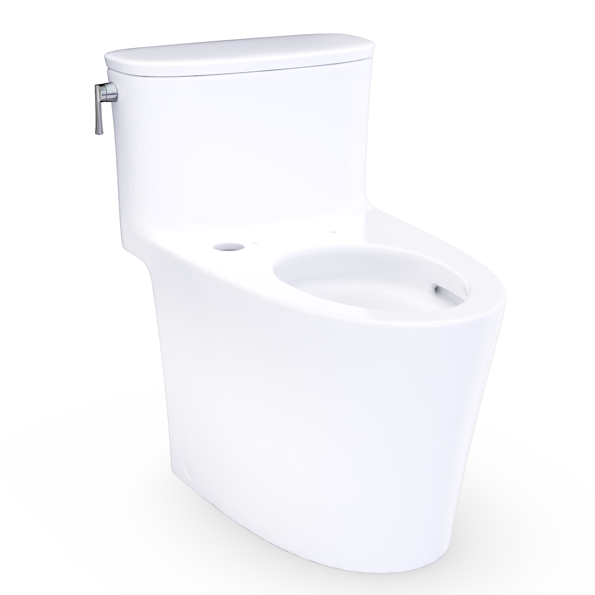 Cotton white elongated one-piece toilet, front-left view with tank and bowl.