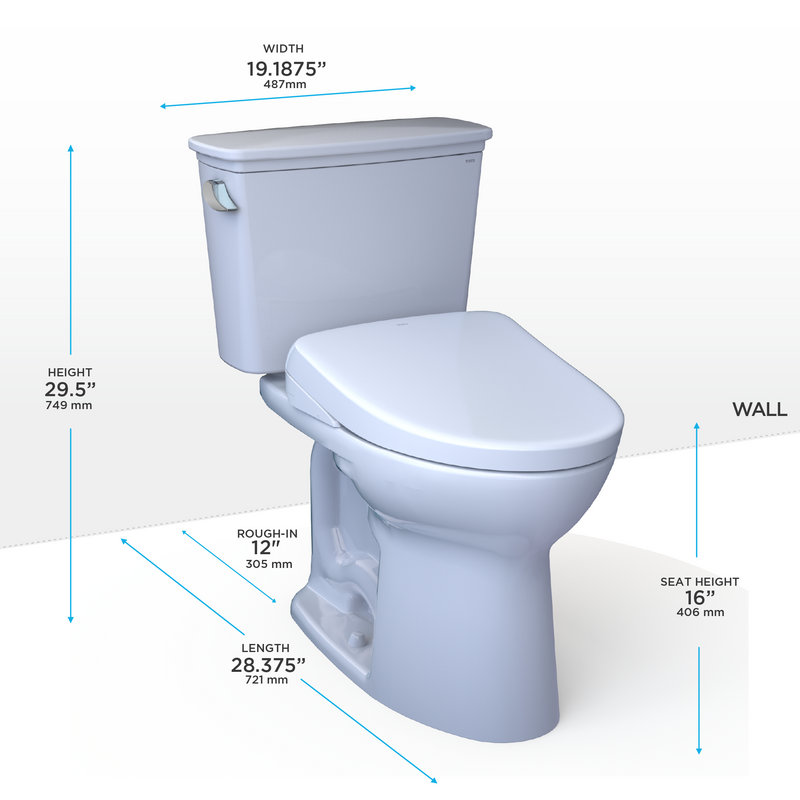 TOTO Drake Transitional WASHLET+ Two-Piece Elongated 1.28 GPF TORNADO FLUSH Toilet with S7 Contemporary Bidet Seat, Cotton White - MW7864726CEG#01, MW7864726CEGA#01