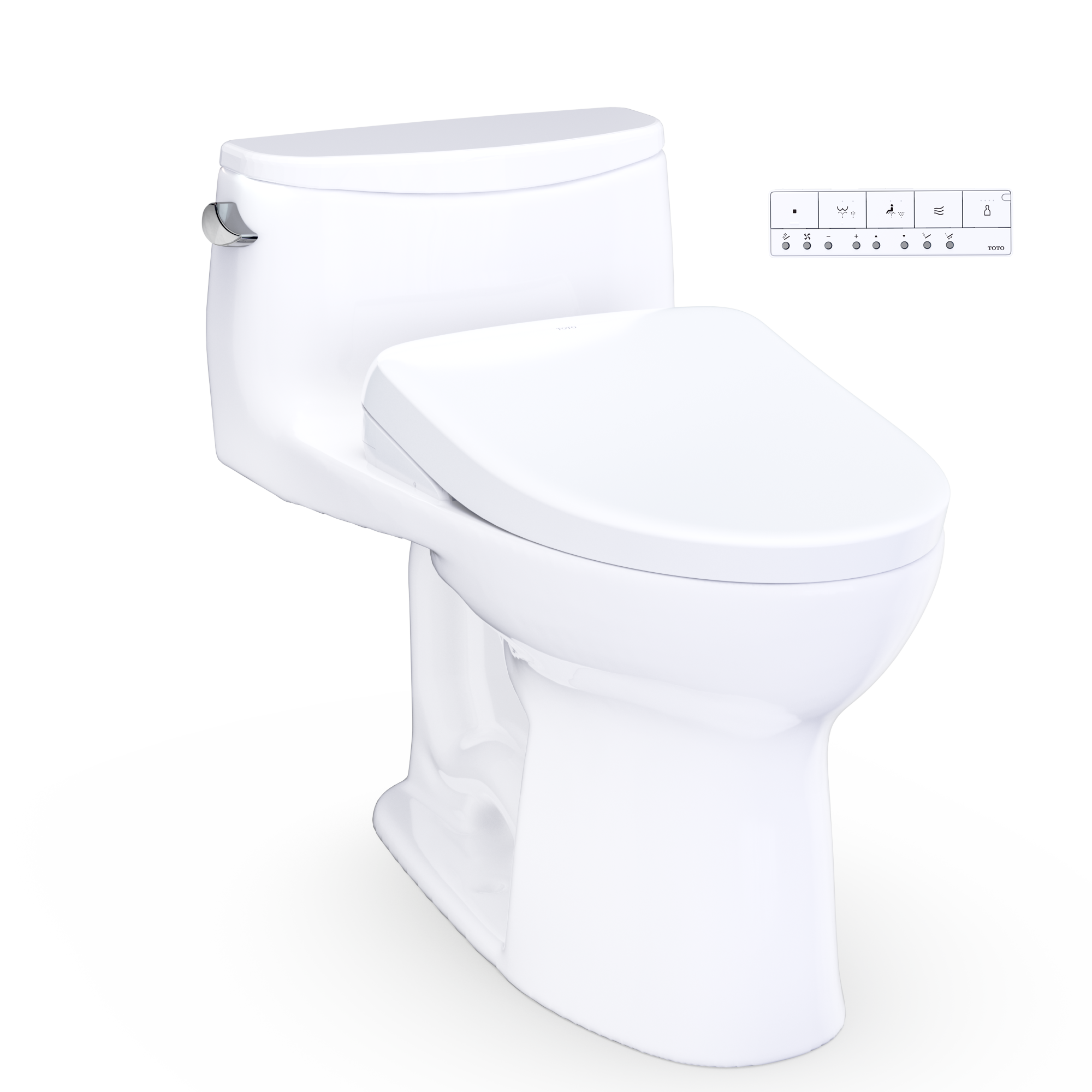 Cotton white one-piece elongated toilet with bidet seat and remote control panel