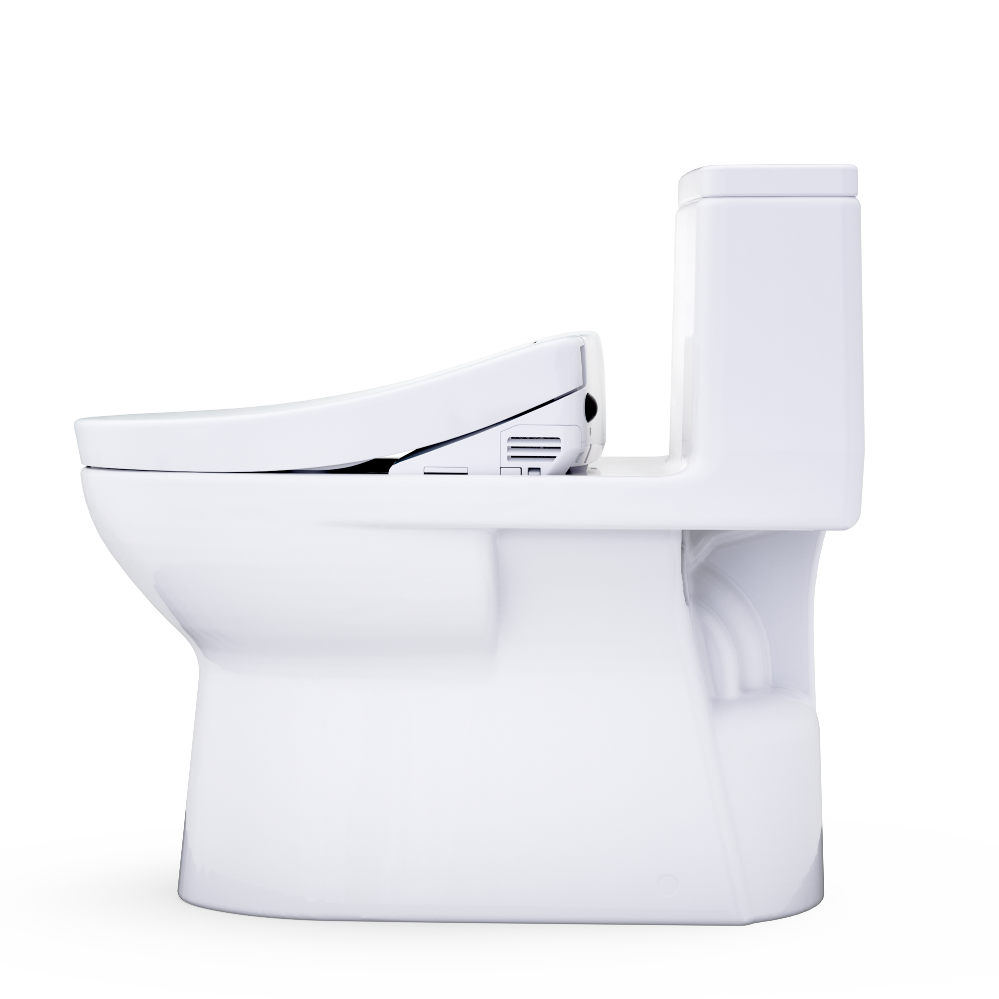 Elongated one-piece smart toilet, cotton white with side control panel and bidet arm.