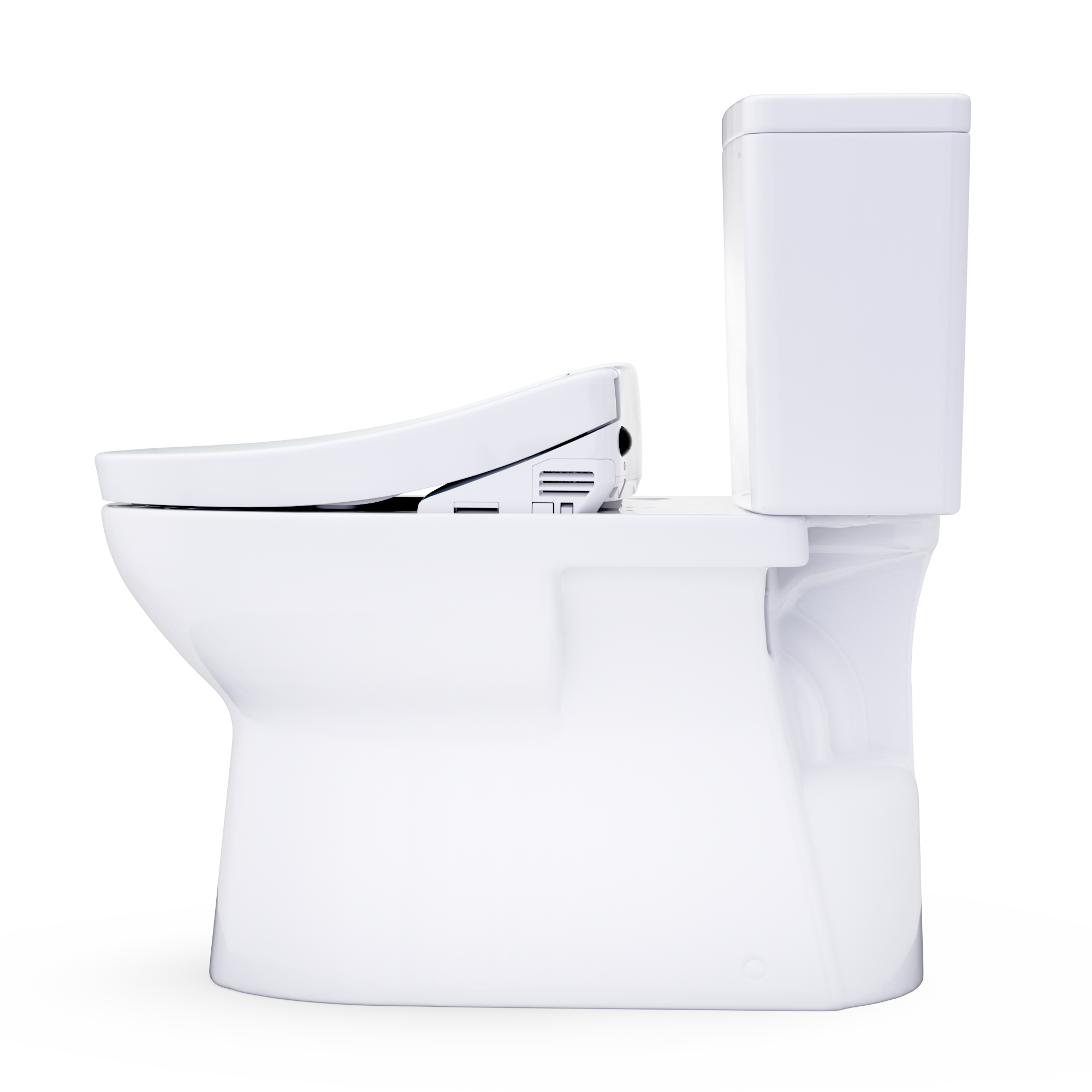 Cotton white two-piece toilet with elongated seat and side-mounted control panel