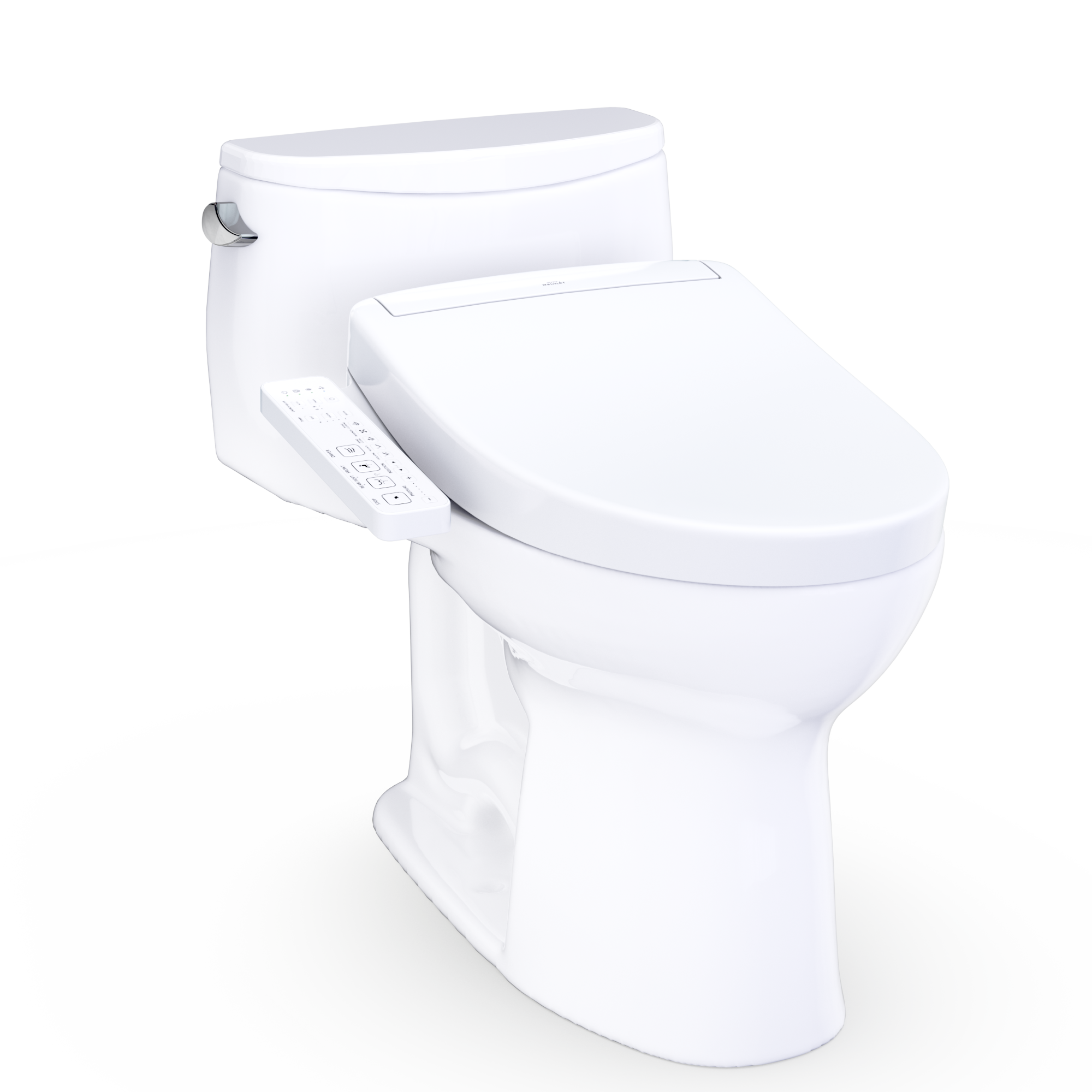 TOTO Washlet+ elongated one-piece toilet with white bidet seat and side control panel
