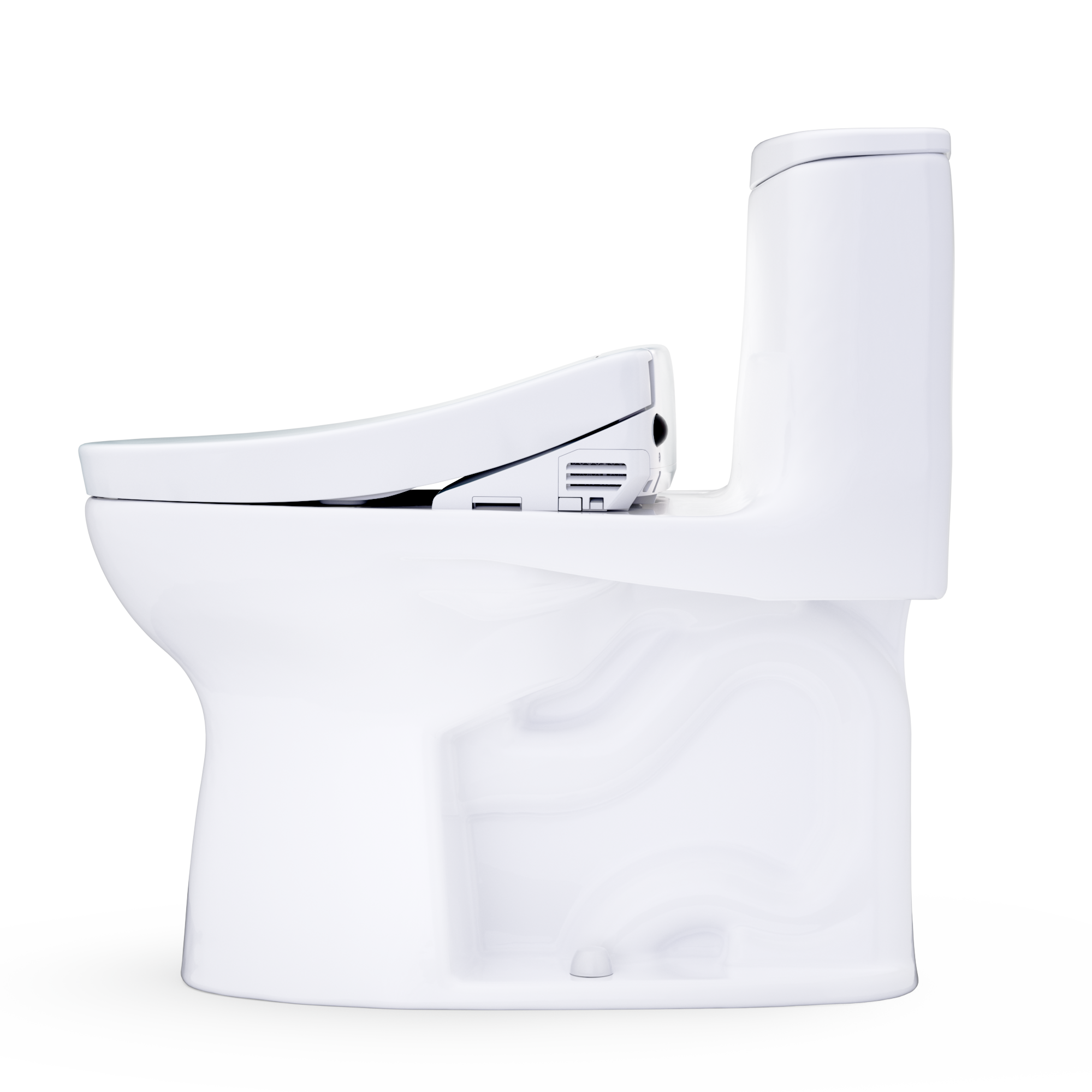 Cotton white one-piece elongated toilet with side-mounted control and front access panel