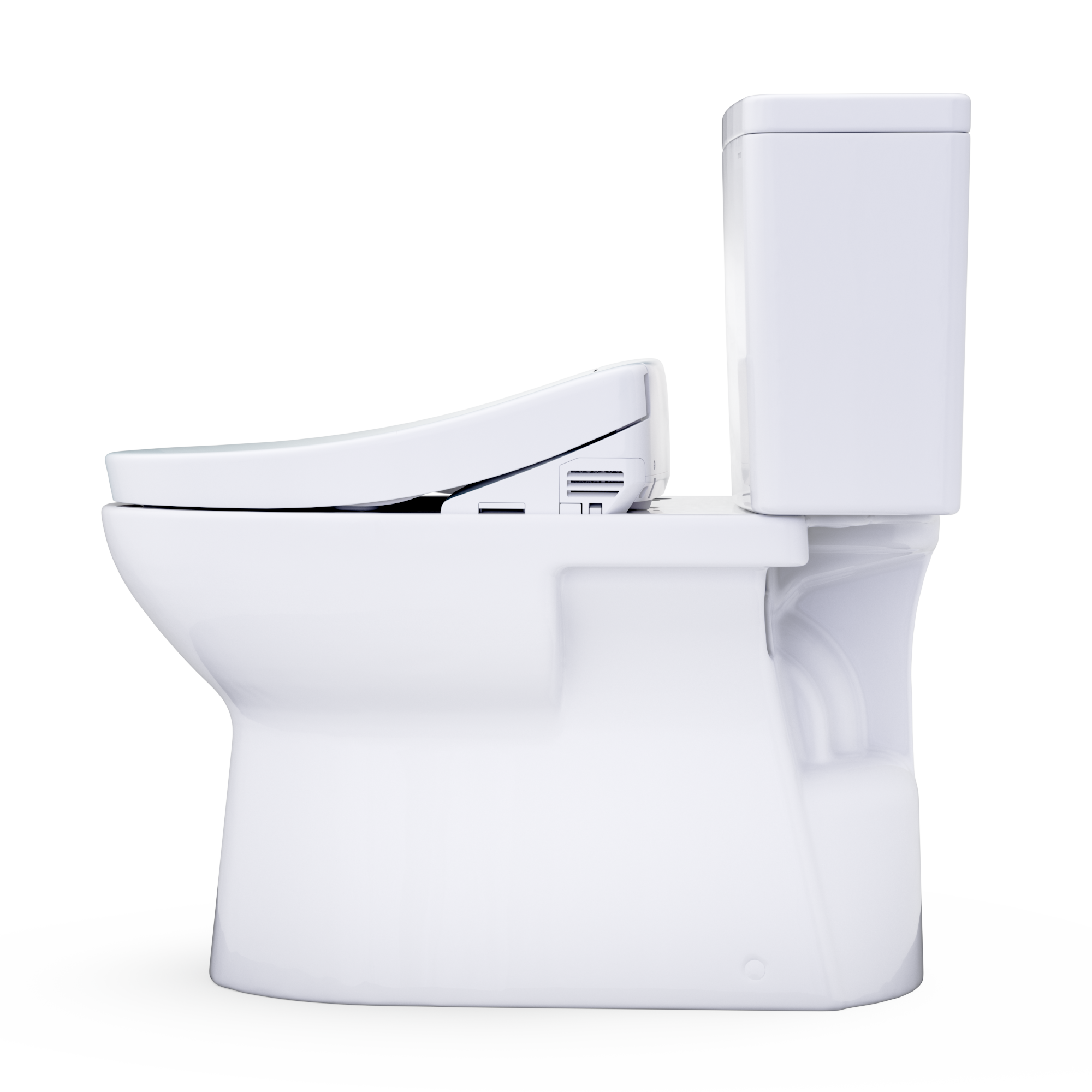 Two-piece elongated toilet with white bidet seat and side control panel, tank raised