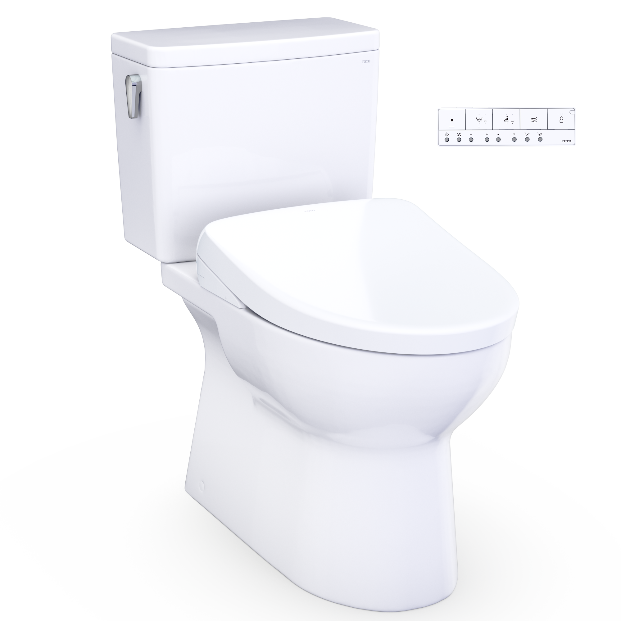 Cotton white two-piece elongated toilet with integrated bidet seat and control panel