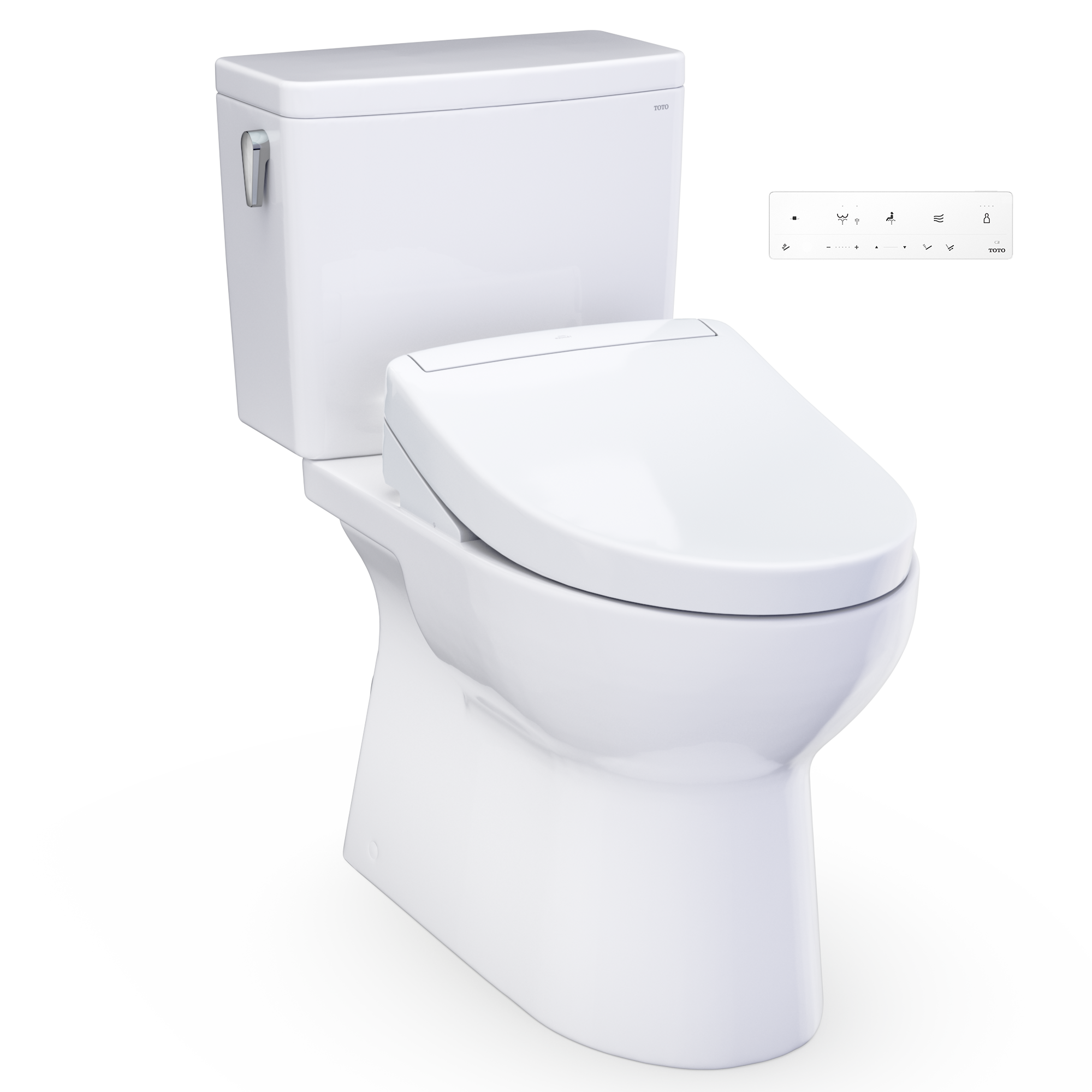 Elongated two-piece smart toilet in cotton white with closed lid and control panel