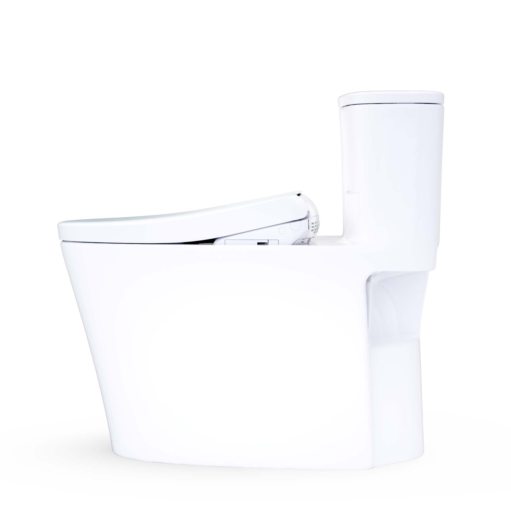 Cotton white one-piece elongated toilet with integrated bidet seat, side view
