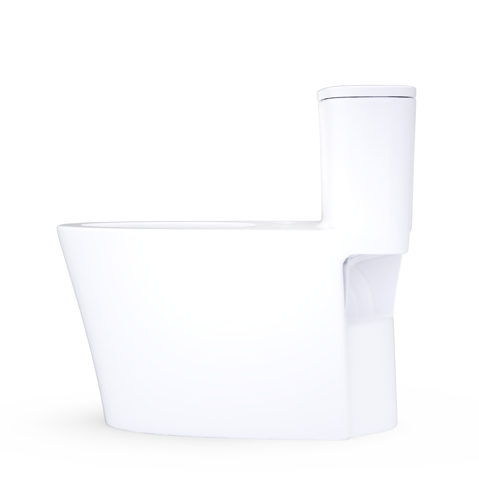 One-piece elongated toilet in cotton white, side view with closed bowl and tall tank
