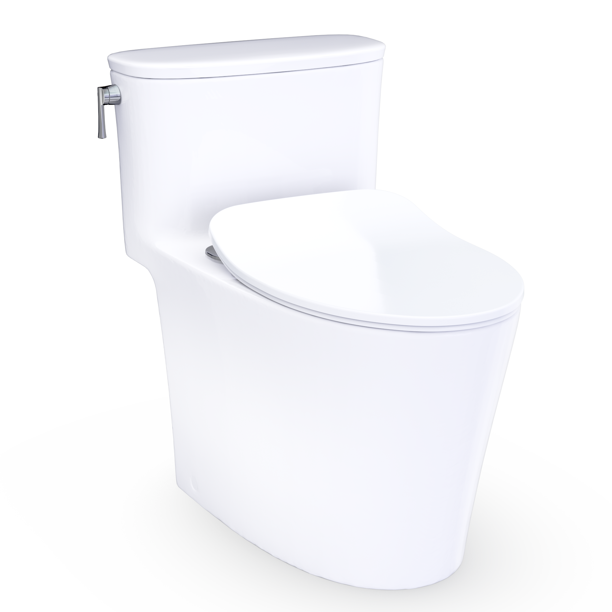 White one-piece elongated toilet with closed soft-close seat and lid