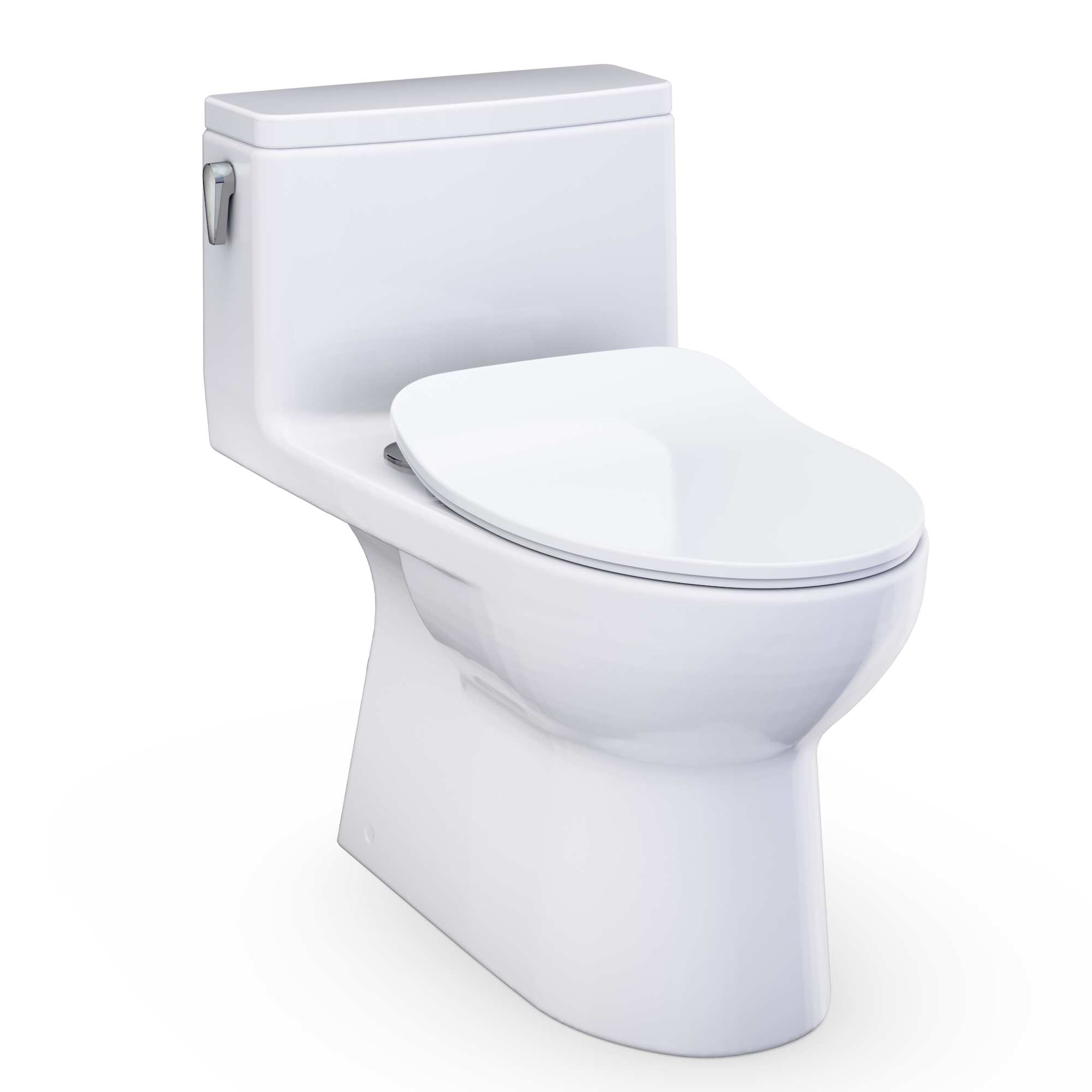 Cotton white elongated one-piece toilet with soft-close seat, closed lid.